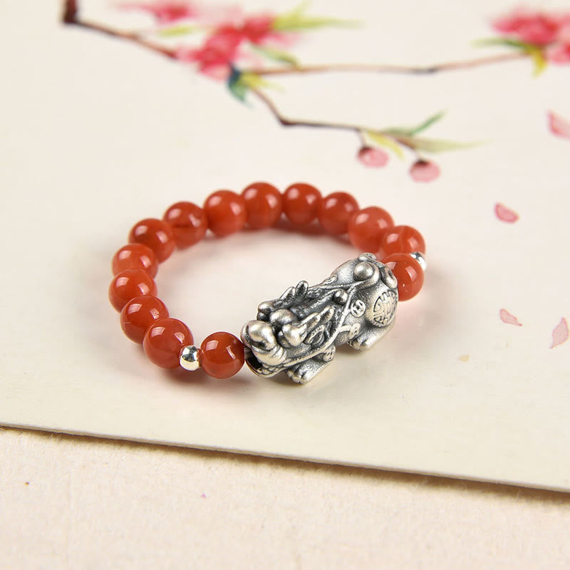 KarmaRipple's 925 Sterling Silver Authentic Garnet Moonstone Red Agate PiXiu Wealth Ring p17