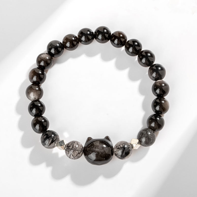 KarmaRipple's Authentic Silver Sheen Obsidian Cute Cat Head Protection Bracelet p4