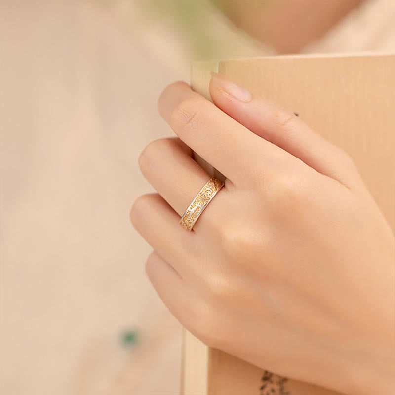 KarmaRipple's KarmaRipple 999 Sterling Silver Gold-Painted Joyful Flower Pattern Peaceful Heart Sutra Ring p6