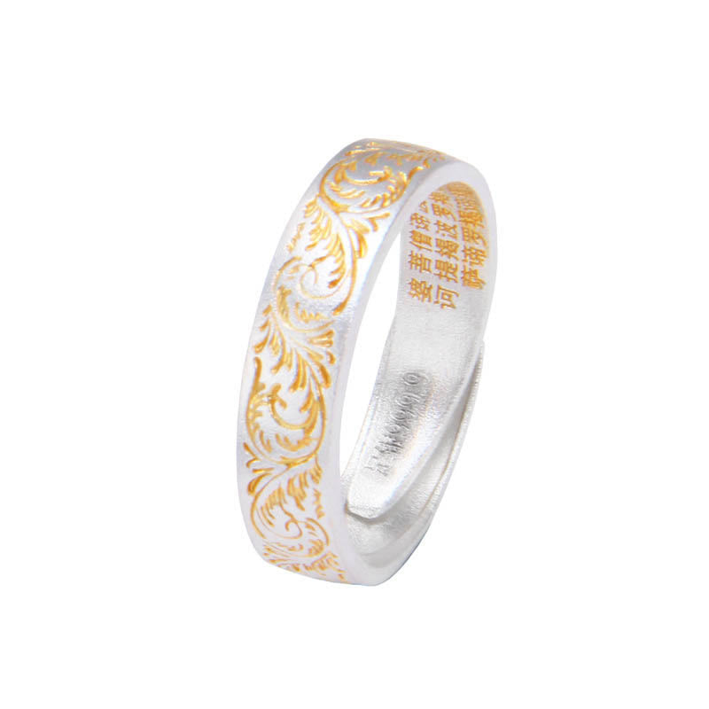 KarmaRipple's KarmaRipple 999 Sterling Silver Gold-Painted Joyful Flower Pattern Peaceful Heart Sutra Ring p2