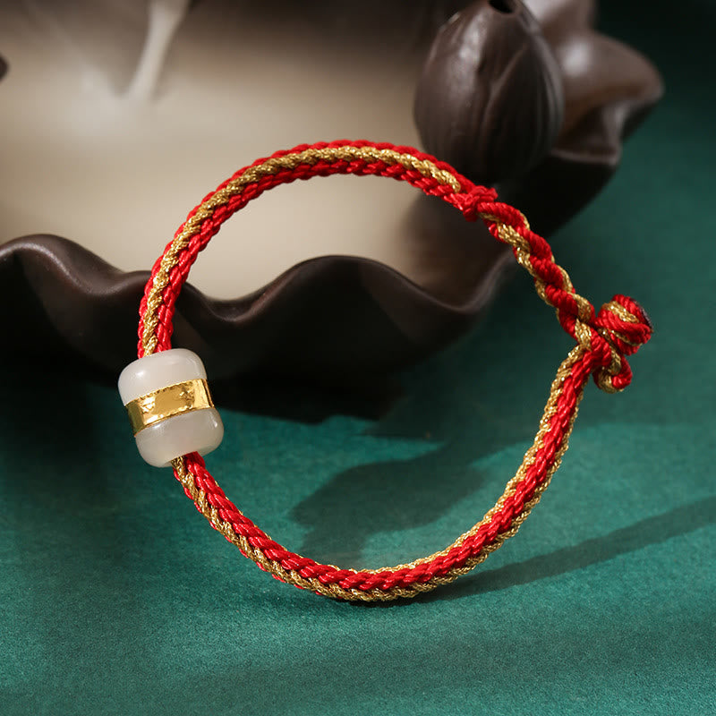 KarmaRipple's 999 Gold Hetian Ivory Jade Om Mani Padme Hum Fu Character Fortune Woven Bracelet p24