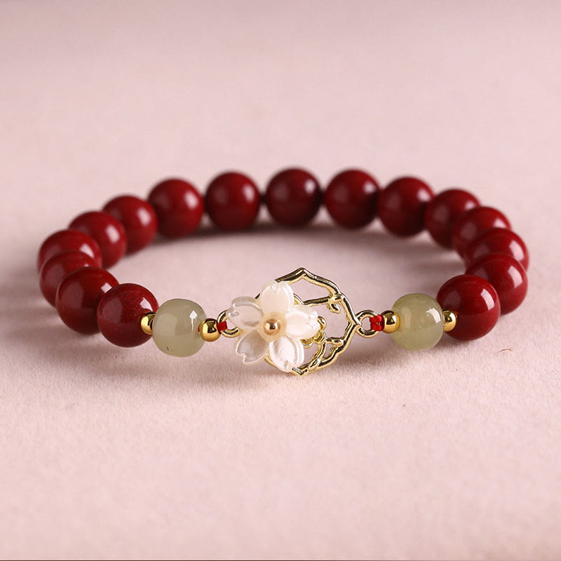 KarmaRipple's Authentic Cinnabar Jade Beaded Tridacna Stone Flower Blessing Bracelet p2