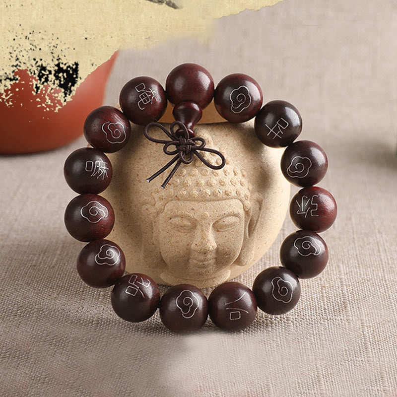 KarmaRipple's 925 Sterling Silver Inlaid Small Leaf Red Sandalwood Om Mani Padme Hum Character Auspicious Clouds Protection Bracelet p12