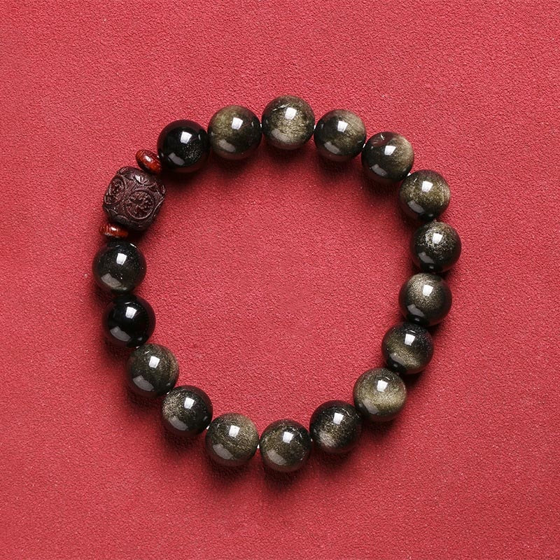KarmaRipple's Authentic Gold Sheen Obsidian Rainbow Obsidian Om Mani Padme Hum Fu Character Balancing Bracelet p23