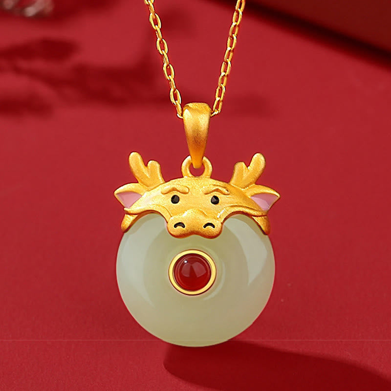 KarmaRipple's 925 Sterling Silver Hetian Jade Chinese Zodiac Year of the Dragon Red Agate Fortune Protection Pendant Necklace ( p17