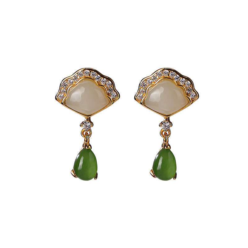 KarmaRipple's Ivory Jade Cyan Jade Fan Water Drop Pattern Fortune Drop Earrings p8