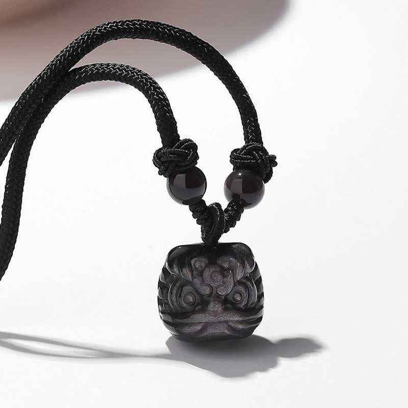 KarmaRipple's Authentic Silver Sheen Obsidian Red Agate Dancing Lion Protection Pendant Necklace p14