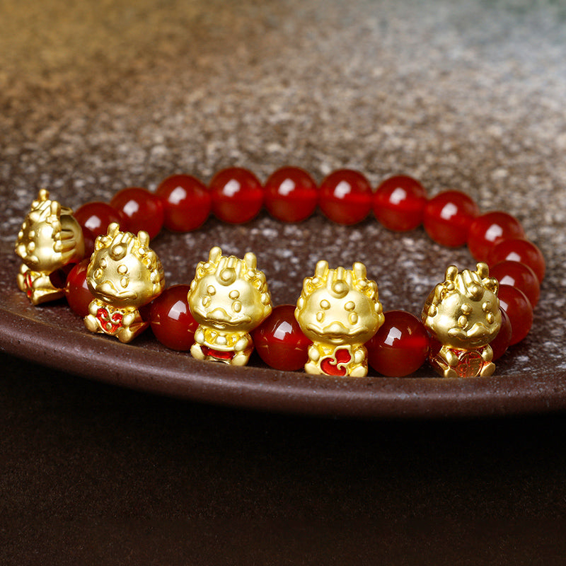 KarmaRipple's Year of the Dragon Authentic Red Agate Bronze Coin Fu Character Protection Bracelet p2