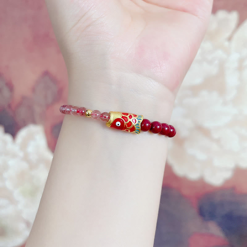 KarmaRipple's Authentic Strawberry Quartz Cinnabar Fortunate Koi Fish Balancing Bracelet p13