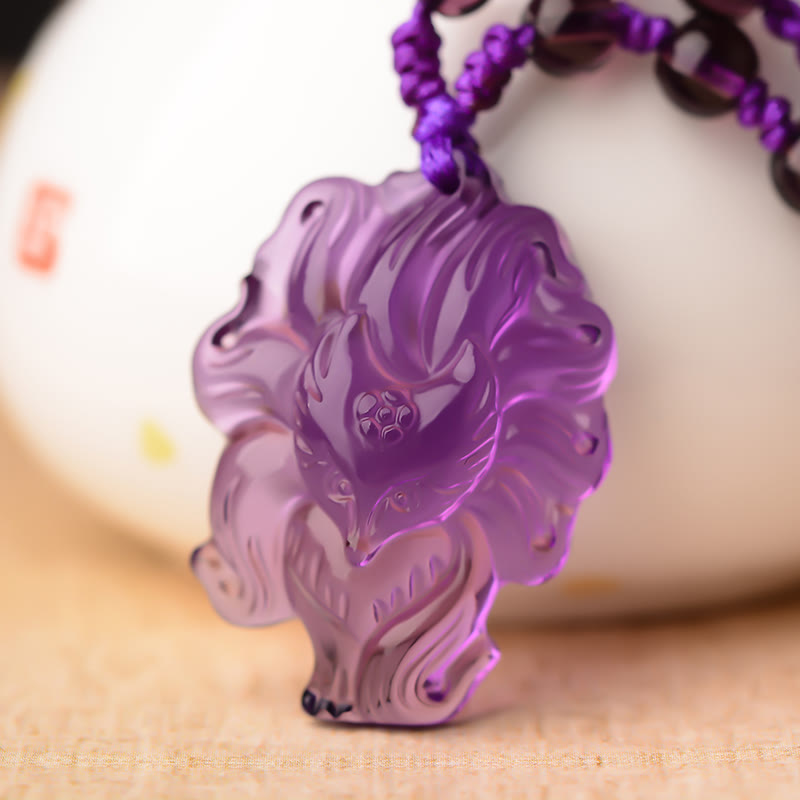 KarmaRipple's Authentic Amethyst Ivory Gemstone Citrine Nine Tailed Fox Fortune Pendant Necklace p1