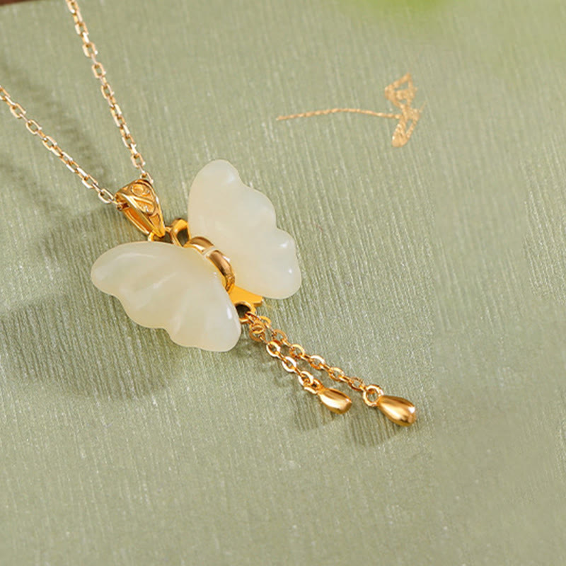 KarmaRipple's 925 Sterling Silver Plated Gold Hetian Ivory Jade Butterfly Blessing Pendant Necklace p5