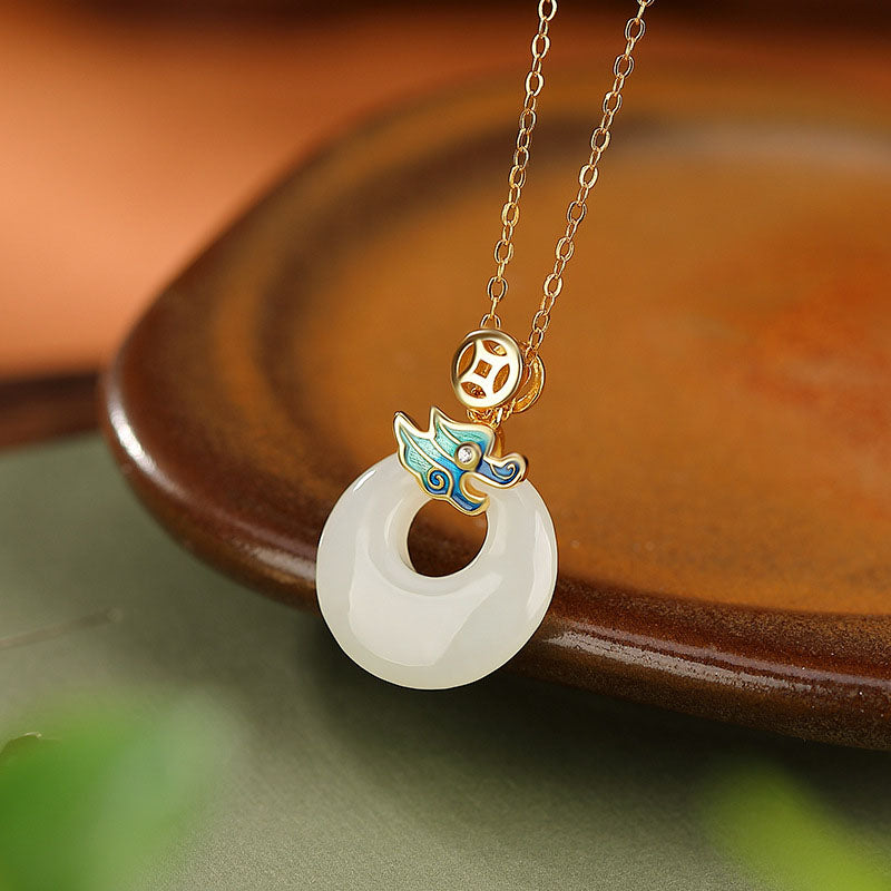 KarmaRipple's 925 Sterling Silver Plated Gold Year of the Dragon Hetian Jade Peace Buckle Bronze Coin Abundance Pendant Necklace p3