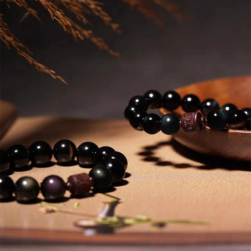 KarmaRipple's Authentic Gold Sheen Obsidian Rainbow Obsidian Om Mani Padme Hum Fu Character Balancing Bracelet p38