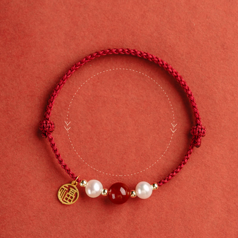 KarmaRipple's 925 Sterling Silver Good Fortune Fu Character Agate Pearl Red String Braid Bracelet p17