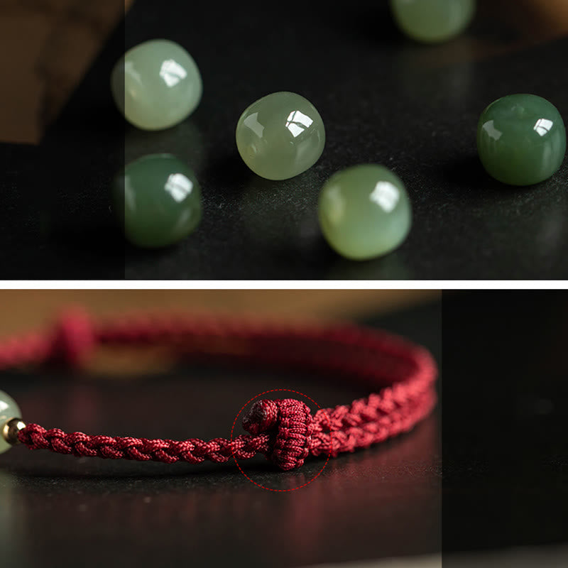 KarmaRipple's Authentic Cinnabar Chinese Zodiac Hetian Jade Fu Character Fortune Rope Bracelet p23