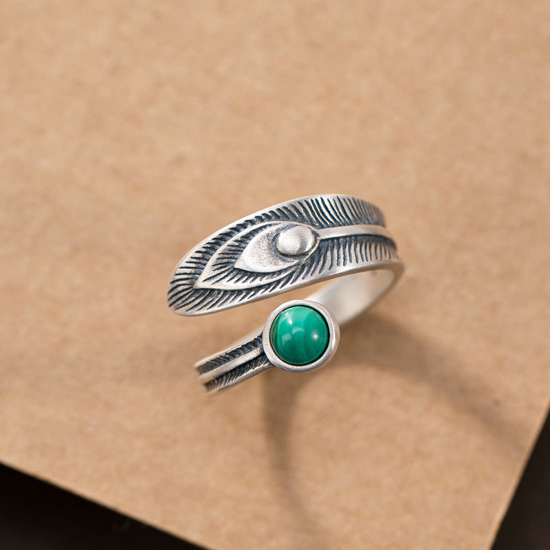 KarmaRipple's 925 Sterling Silver Malachite Bead Feather Protection Ring p6