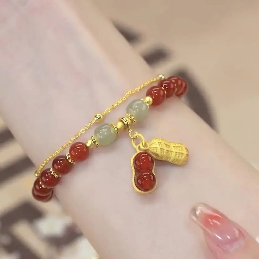 KarmaRipple's Jade Leaf Ginkgo Tulip Peanut Fu Character Fortune Beaded Bracelet p22