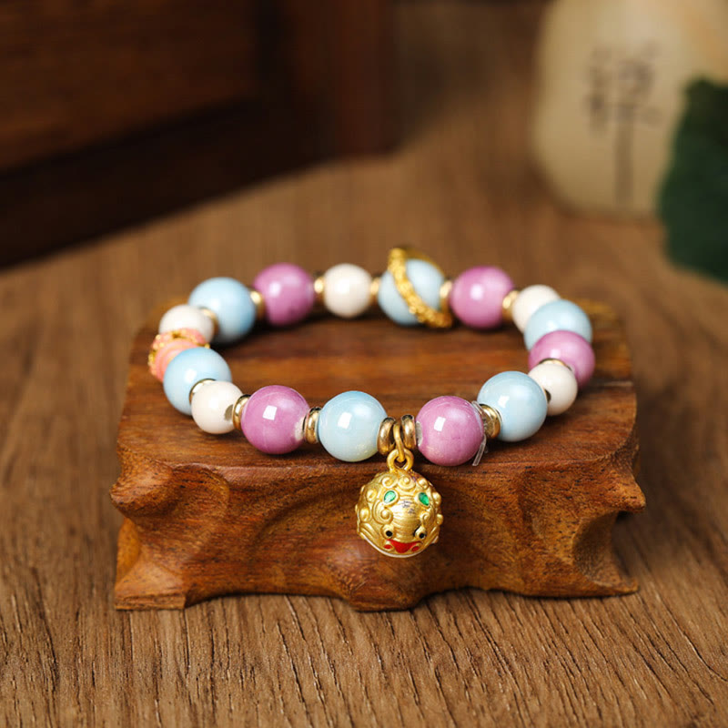 KarmaRipple's Tibetan Zakiram Goddess of Wealth Rabbit Lion Head Talisman Liuli Glass Incense Ash Porcelain Bead Protection Bracelet p13