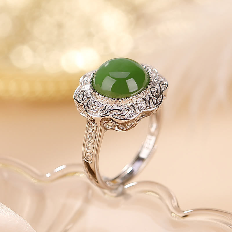 KarmaRipple's 925 Sterling Silver Hetian Cyan Jade Flower Design Fortune Adjustable Ring p9