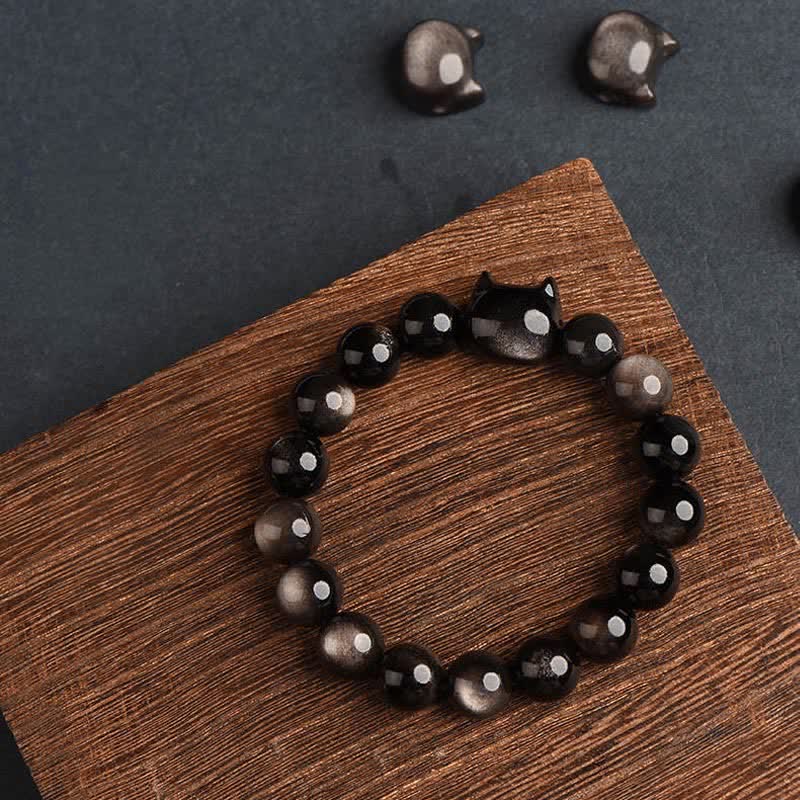 KarmaRipple's Gold Sheen Obsidian Silver Sheen Obsidian Lovely Paw Fortunate Cat Protection Bracelet p31