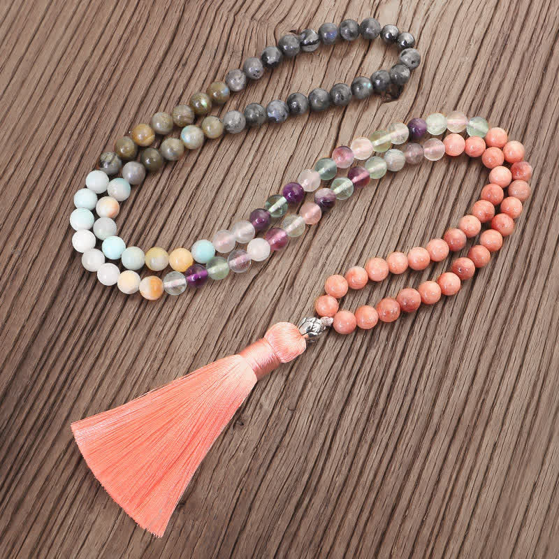 KarmaRipple's 108 Mala Beadwork Fluorite Black Glitter Stone Protection Tassel Bracelet ( p14