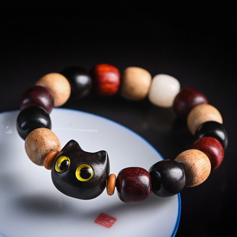 KarmaRipple's Small Leaf Red Sandalwood Ebony Wood Cute Cat Engraved Protection Bracelet p24