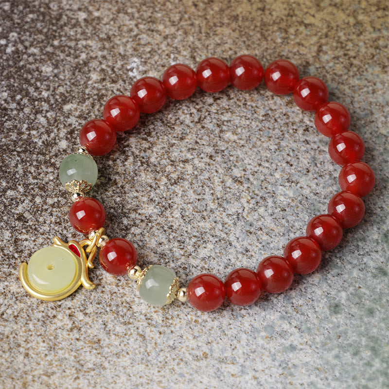 KarmaRipple's Year of the Dragon Red Agate Jade Peace Buckle Fu Character Success Bracelet ( p6
