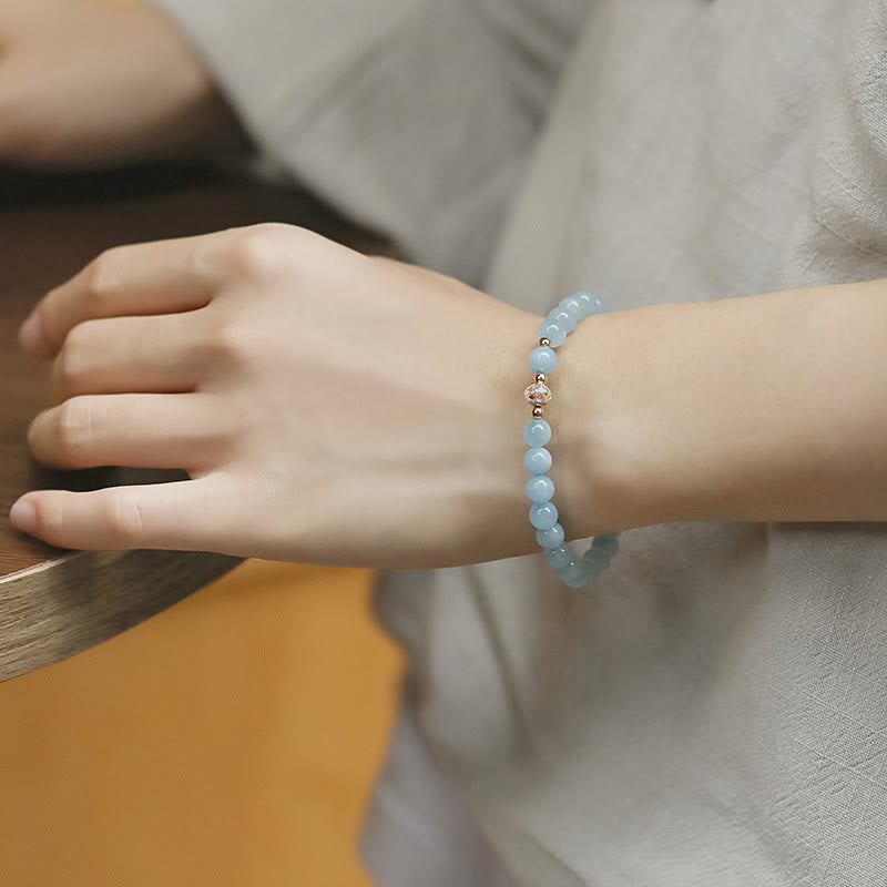 KarmaRipple's 14K Gold Plated Bronze Aquamarine Ivory Gemstone Ivory Agate Blue Gemstone Balancing Bracelet p6