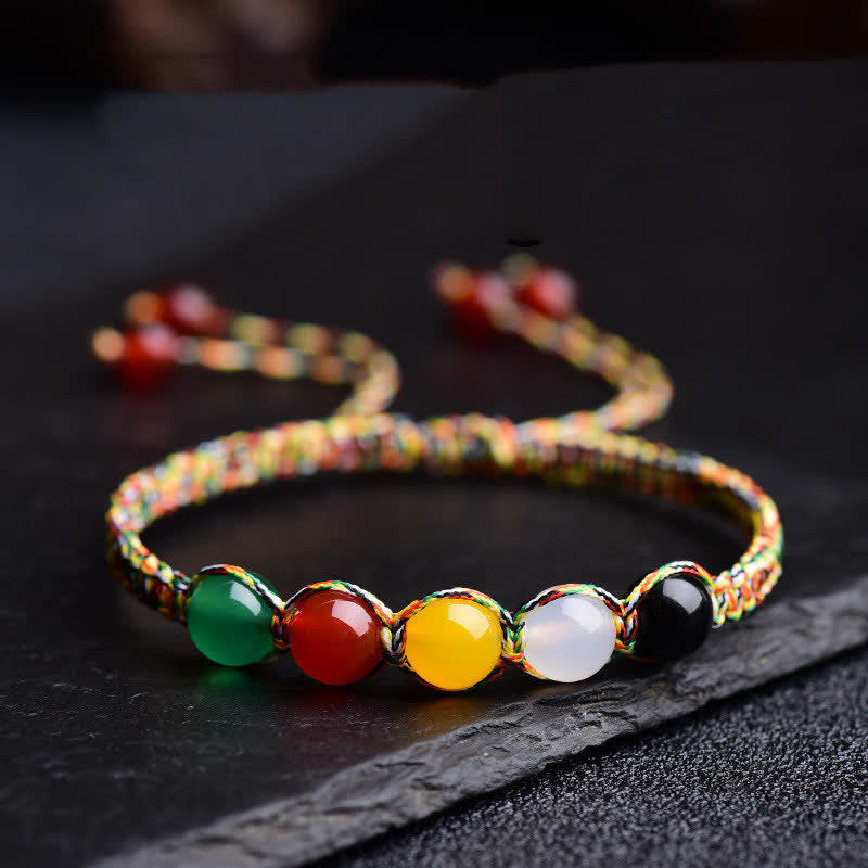 KarmaRipple's Colorful Agate Metal Wood Water Fire Earth Five Elements String Bracelet p1