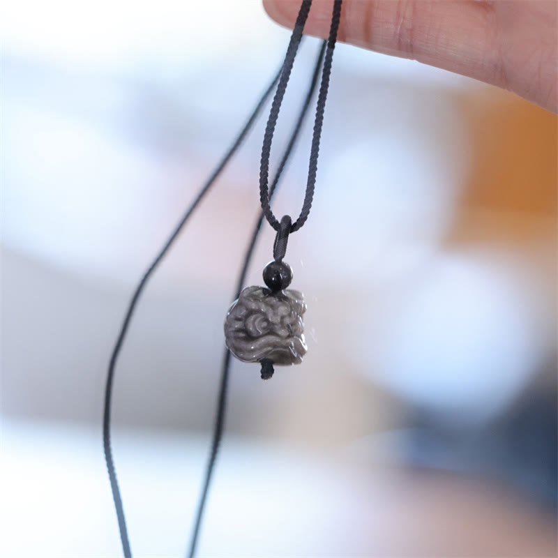 KarmaRipple's Authentic Silver Sheen Obsidian Dancing Lion Protection Pendant Necklace p9