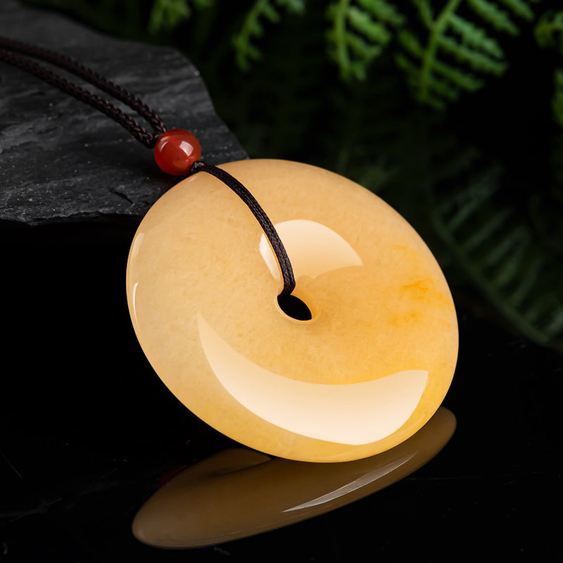 KarmaRipple's Round Golden Silk Jade Peace Buckle Wealth Necklace Pendant p6