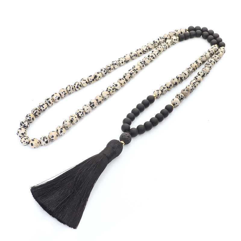 KarmaRipple's 108 Mala Beadwork Zebra Jasper Frosted Stone Protection Tassel Bracelet ( p14