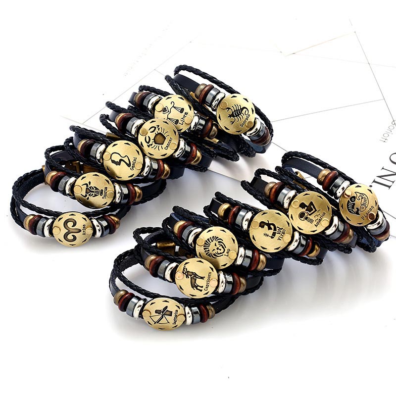 KarmaRipple's 12 Constellations of the Zodiac Hematite Leather Talisman Bracelet ( p19