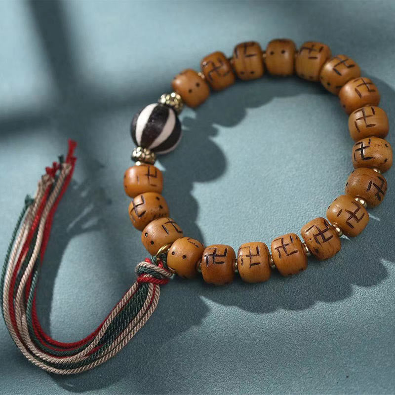 KarmaRipple's Authentic Tibetan Camel Bone Swastika Dzi Bead Shankha Buddha Talisman Kirtimukha Fortune Protection Tassel Bracelet p21