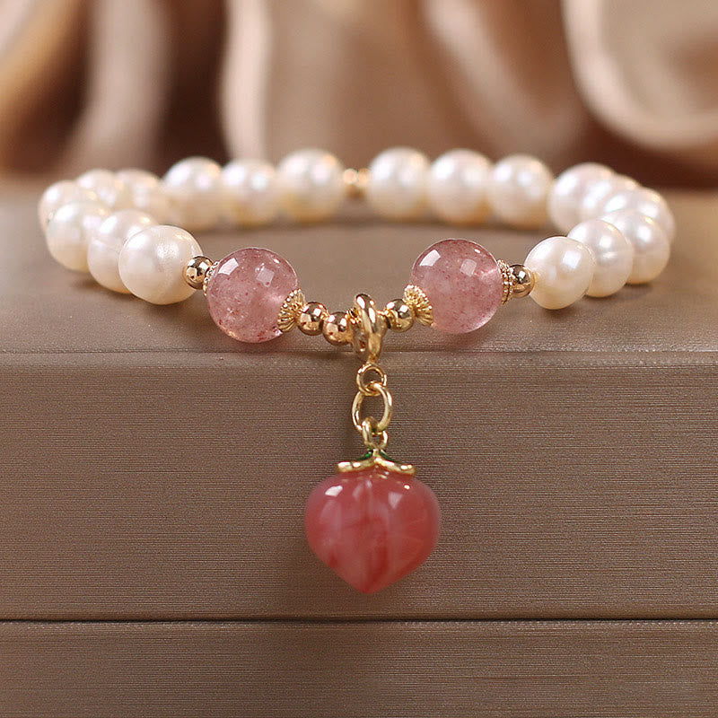 KarmaRipple's Authentic Pearl Strawberry Quartz Peach Love Heart Wisdom Talisman Bracelet p1