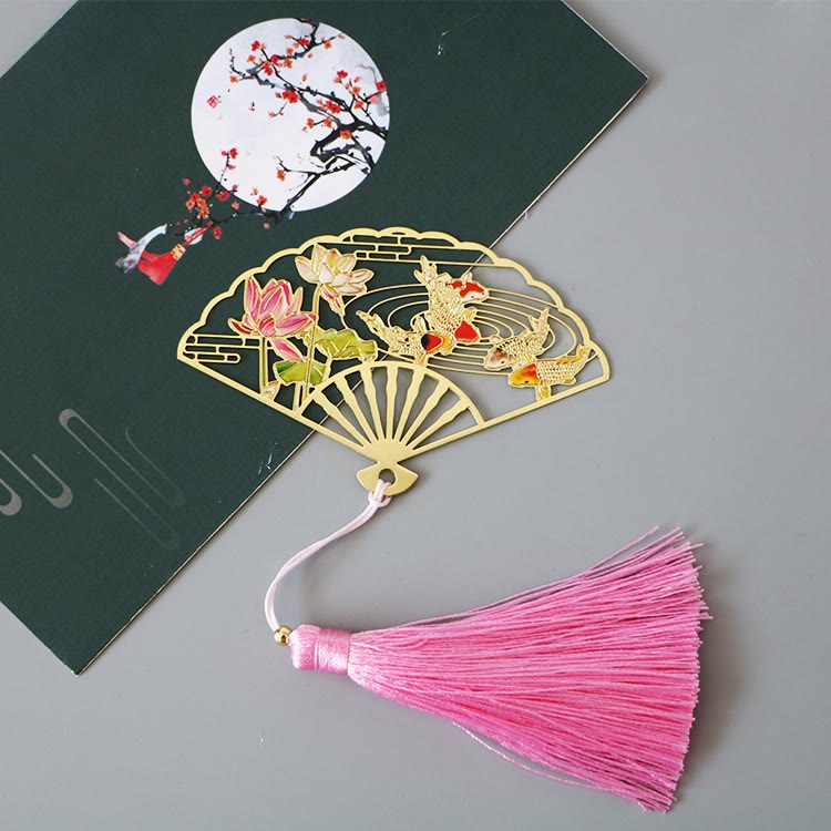 KarmaRipple's Traditional Butterfly Lotus Flower Crane Dragon Phoenix Fox Koi Fish New Beginning Metal Brass Hollow Fan Bookmarks p43