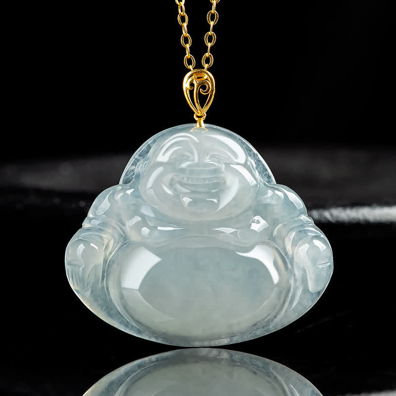 KarmaRipple's Laughing Buddha Authentic Jade 18K Gold Abundance Pendant Necklace p1