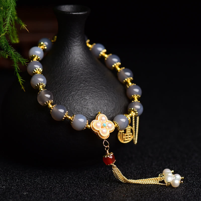 KarmaRipple's Authentic Gray Agate Fu Character Pearl Tassel Balance Bracelet p2