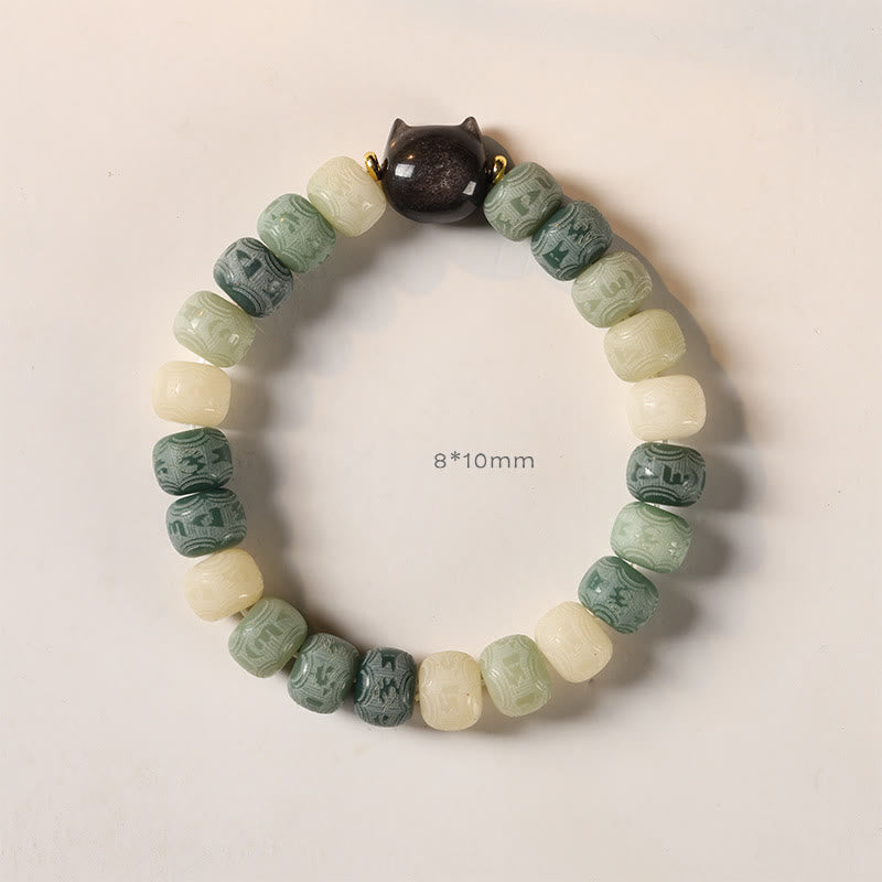 KarmaRipple's Bodhi Seed Silver Sheen Obsidian Cat Head Om Mani Padme Hum Engraved Balance Bracelet p11