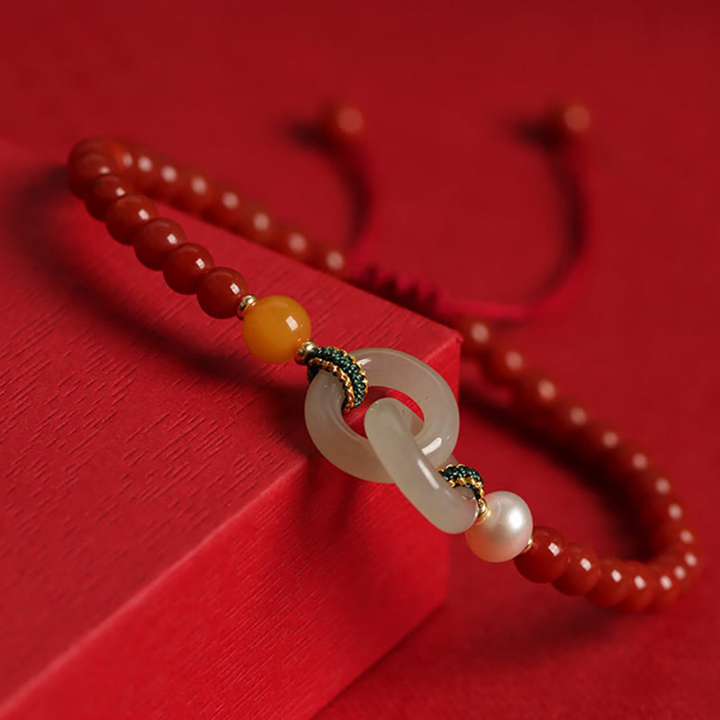KarmaRipple's Authentic Red Agate Hetian Jade Double Peace Buckle Confidence Bracelet p3