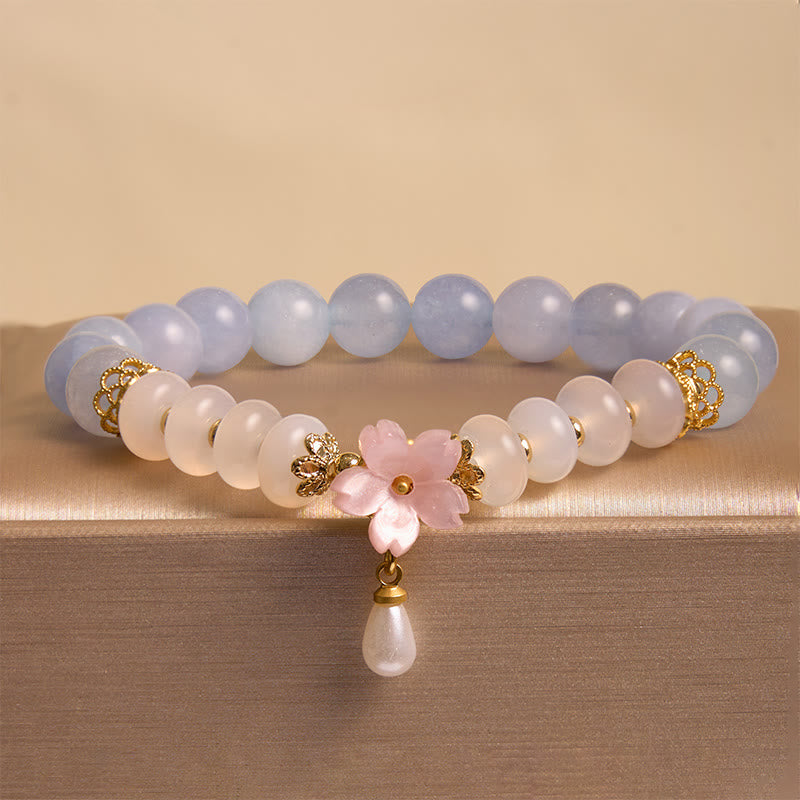 KarmaRipple's Aquamarine Ivory Agate Pearl Abacus Beadwork Flower Balancing Bracelet p8