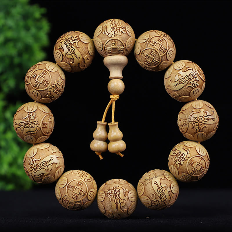 KarmaRipple's Chinese Zodiac Rosewood Ebony Boxwood Bronze Coin PiXiu Carved Warmth Bracelet p8