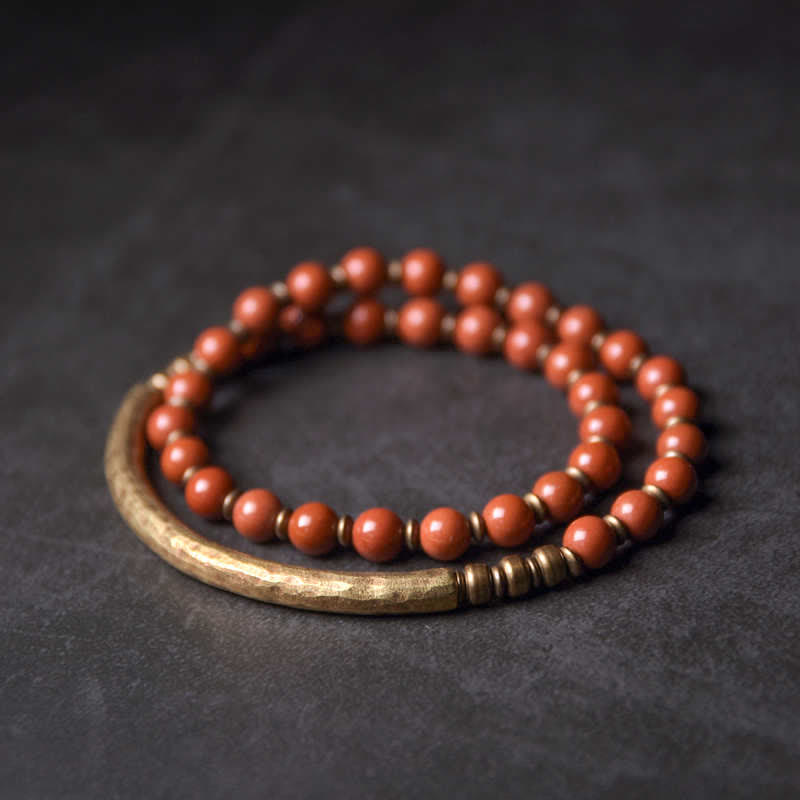 KarmaRipple's Red Jasper Moss Agate Black Obsidian Gemstone Bronze Peace Pair Bracelet p1
