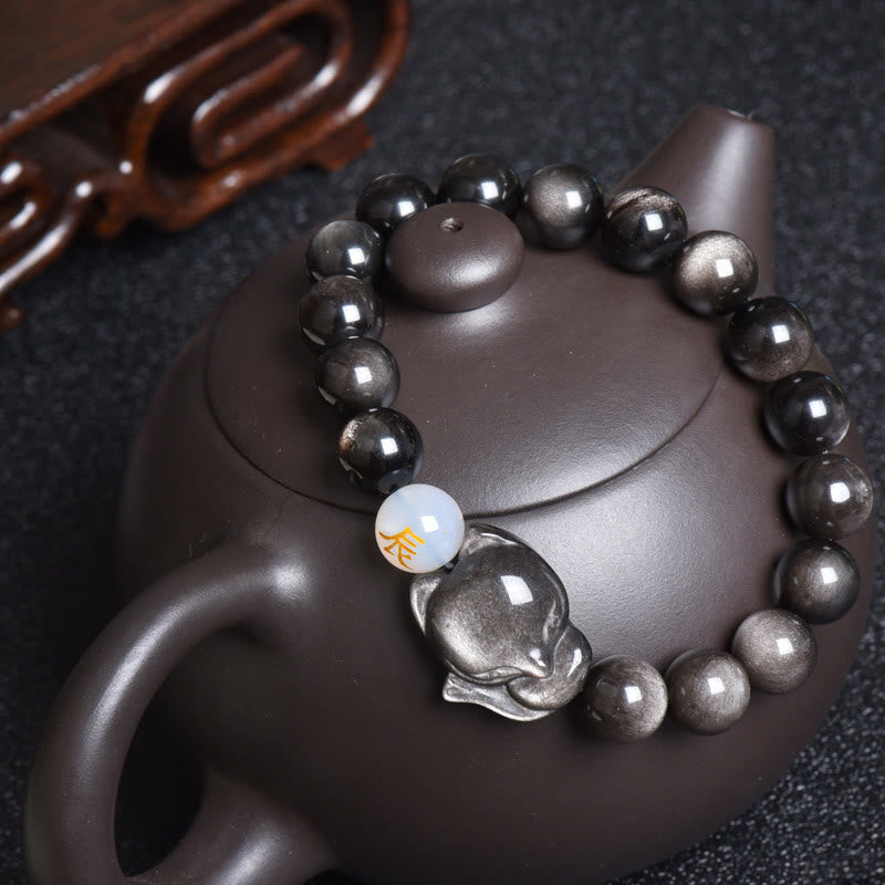 KarmaRipple's Authentic Rainbow Obsidian Gold Sheen Obsidian Silver Sheen Obsidian Fox Balancing Bracelet p52