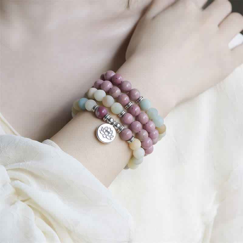 KarmaRipple's Lazurite Picasso Jasper Amazonite Rhodonite Apatite Positive Lotus Prayer Bead Bracelet p10
