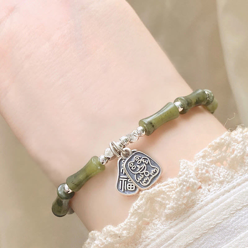 KarmaRipple's 925 Sterling Silver Bamboo Jade Fortunate Cat Fu Character Fortune Abundance Bracelet p13