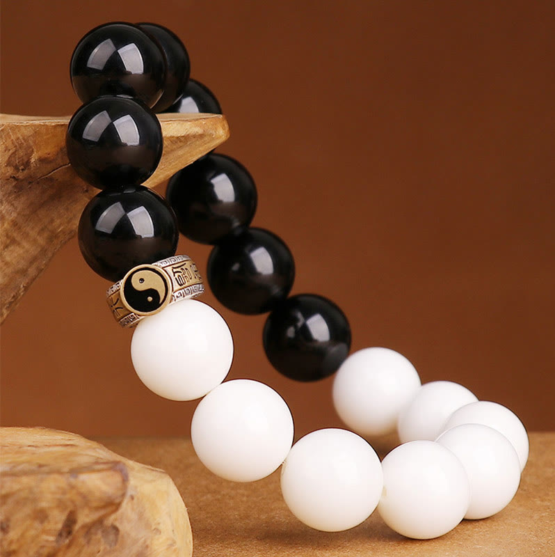 KarmaRipple's 925 Sterling Silver Black Obsidian Ivory Shell Yin Yang Strength Bracelet p5
