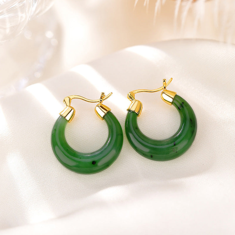 KarmaRipple's 925 Sterling Silver Plated Gold Authentic Round Hetian Cyan Jade Fortune Drop Earrings p3