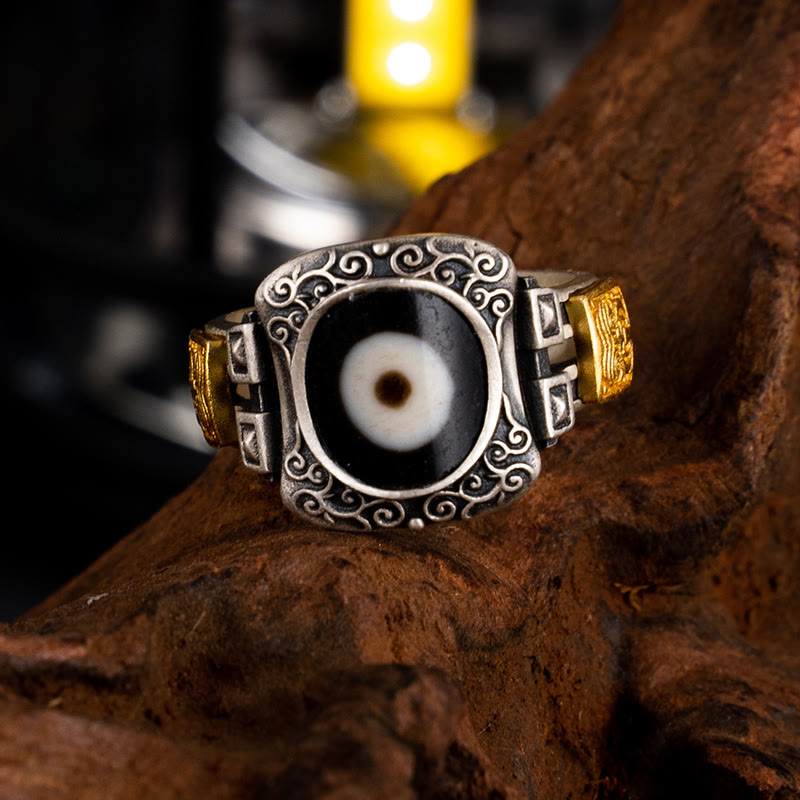 KarmaRipple's 925 Sterling Silver Zakiram Goddess of Wealth Design Dzi Bead Protection Ring p2