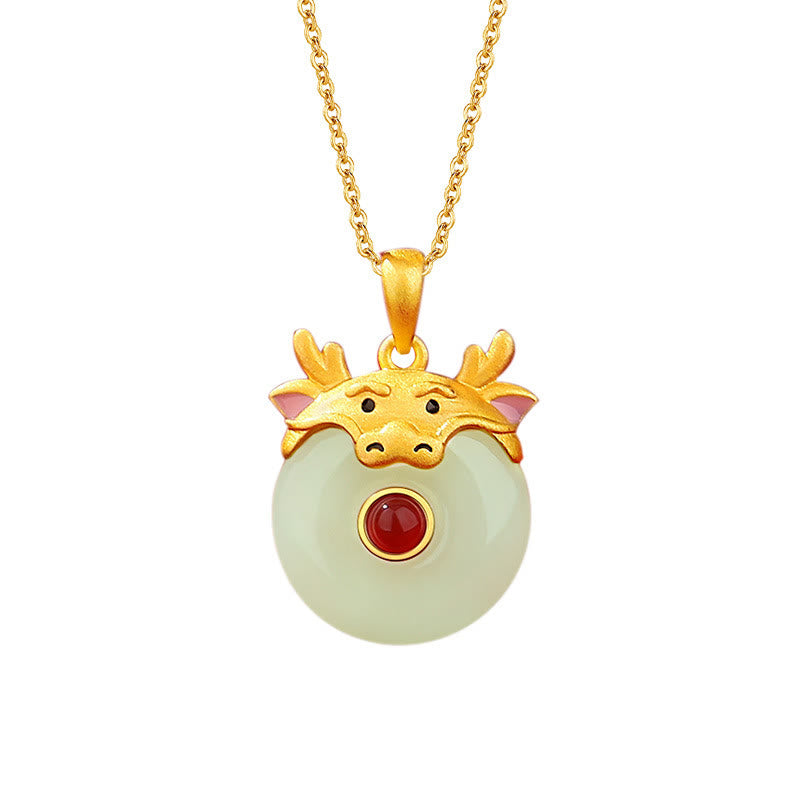 KarmaRipple's 925 Sterling Silver Hetian Jade Chinese Zodiac Year of the Dragon Red Agate Fortune Protection Pendant Necklace ( p21